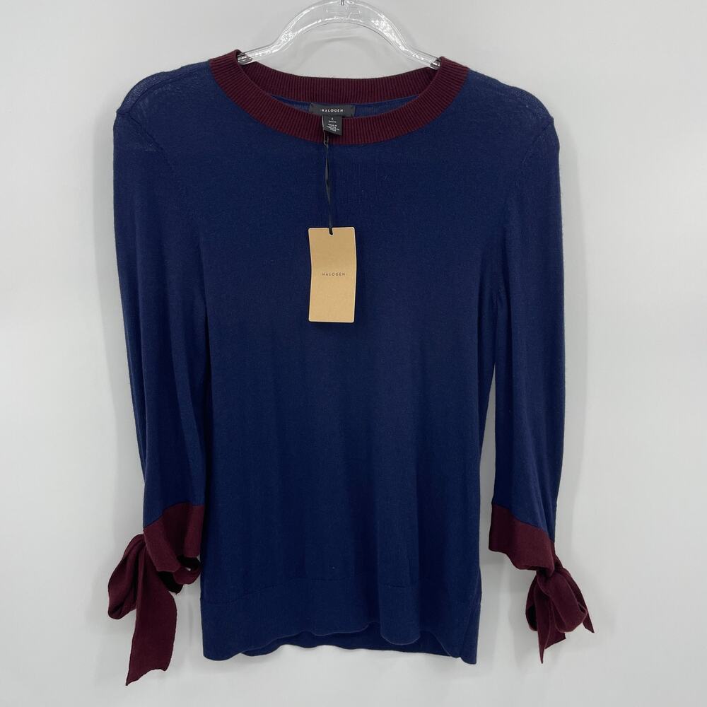 NEW HALOGEN Cashmere Blend Knit Top Blue Tie Cuffs Lightweight Womens S Petite